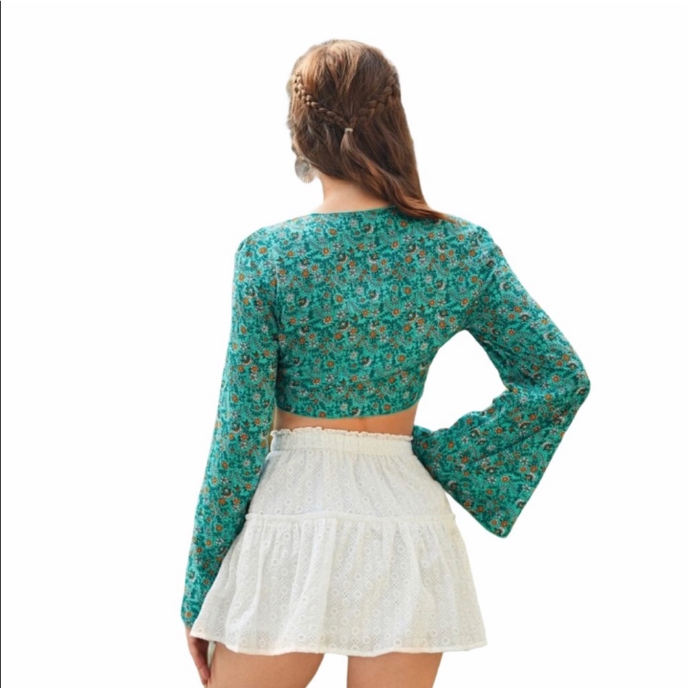 New Boho Floral Green & Orange Ditzy Bell Sleeve Tie Front Crop Kimono Top - Picture 11 of 16
